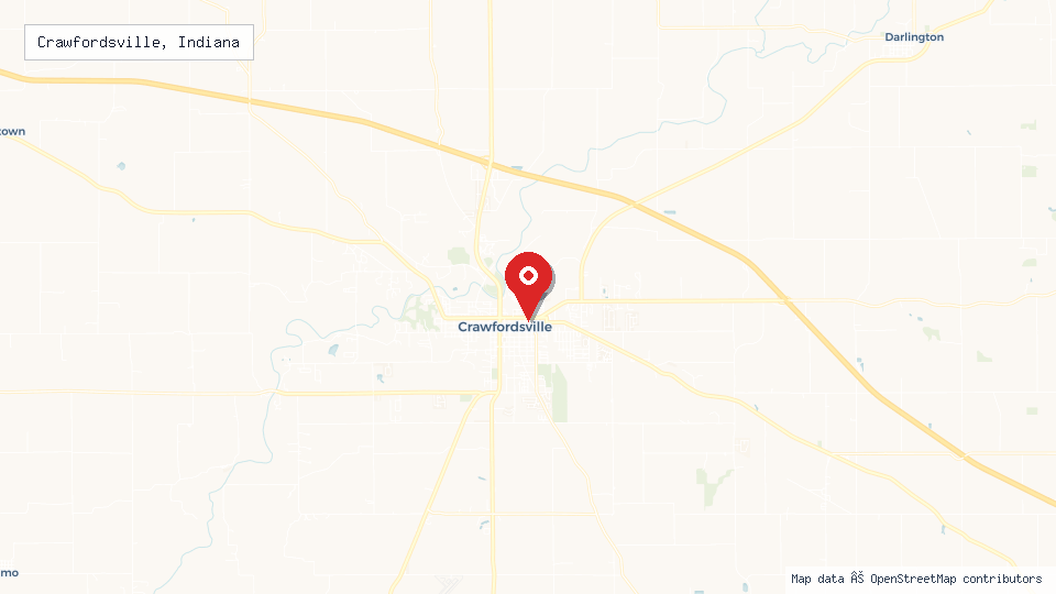 Street map of Crawfordsville, Indiana with location pin