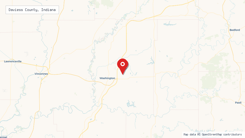 Street map of Daviess County, Indiana with location pin
