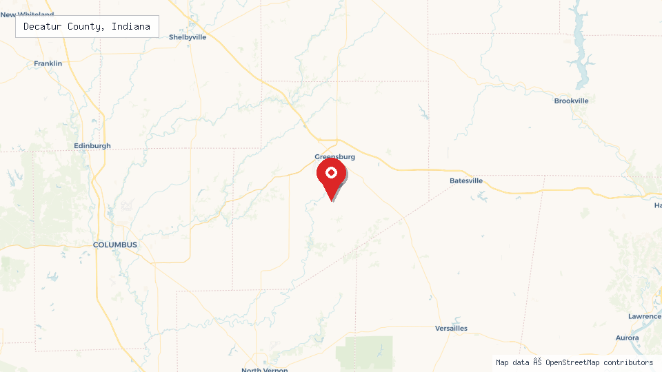 Street map of Decatur County, Indiana with location pin
