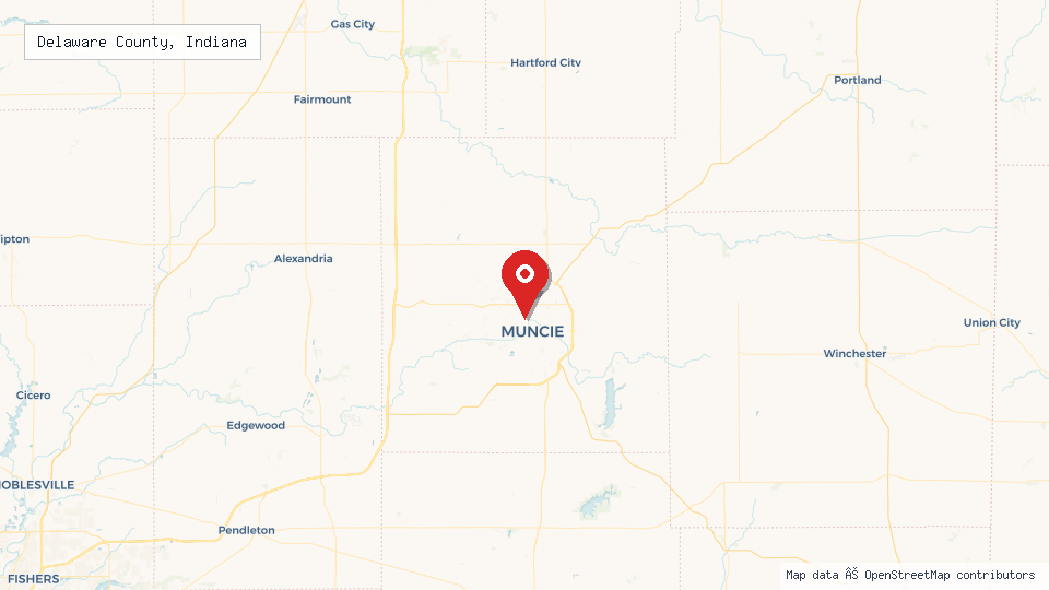 Street map of Delaware County, Indiana with location pin