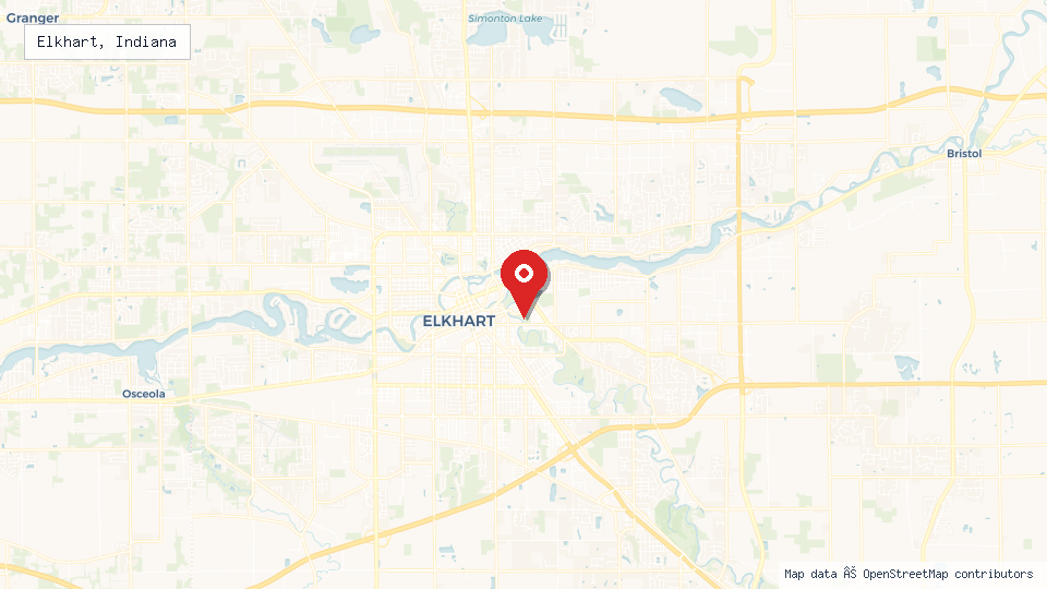 Street map of Elkhart, Indiana with location pin