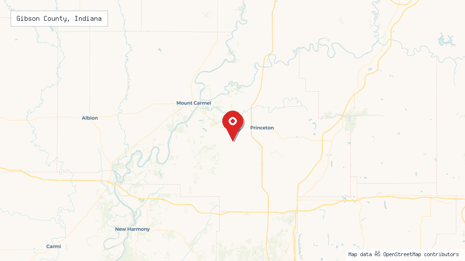 Street map of Gibson County, Indiana with location pin