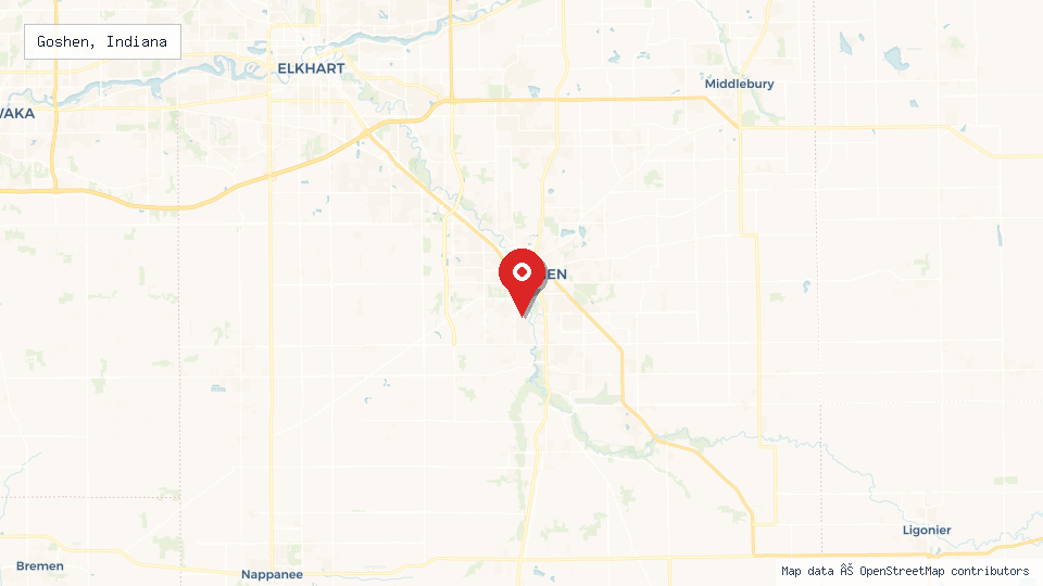 Street map of Goshen, Indiana with location pin