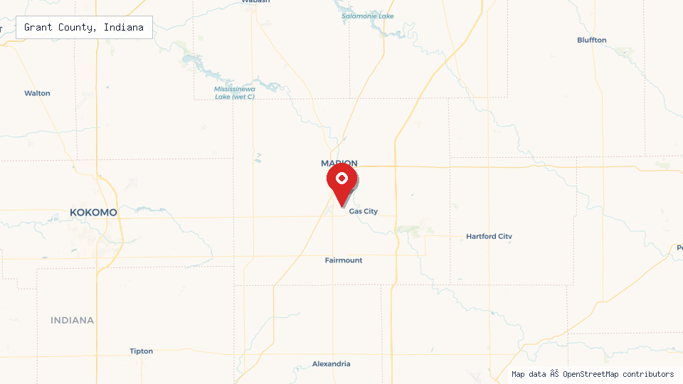 Street map of Grant County, Indiana with location pin
