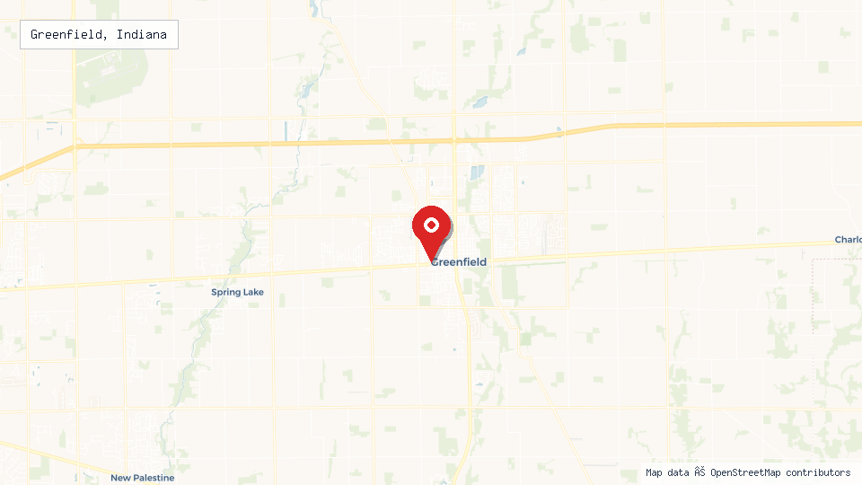 Street map of Greenfield, Indiana with location pin