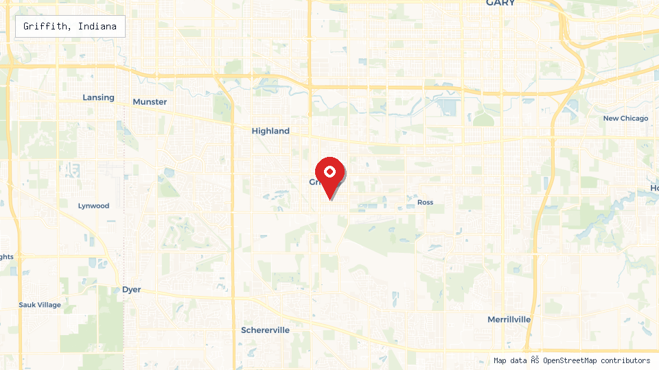 Street map of Griffith, Indiana with location pin