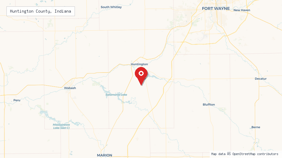 Street map of Huntington County, Indiana with location pin