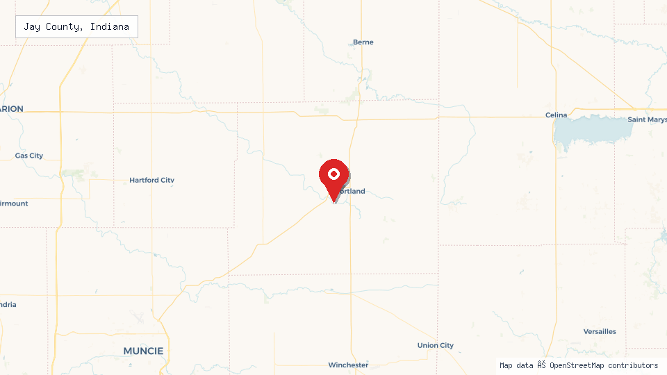 Street map of Jay County, Indiana with location pin