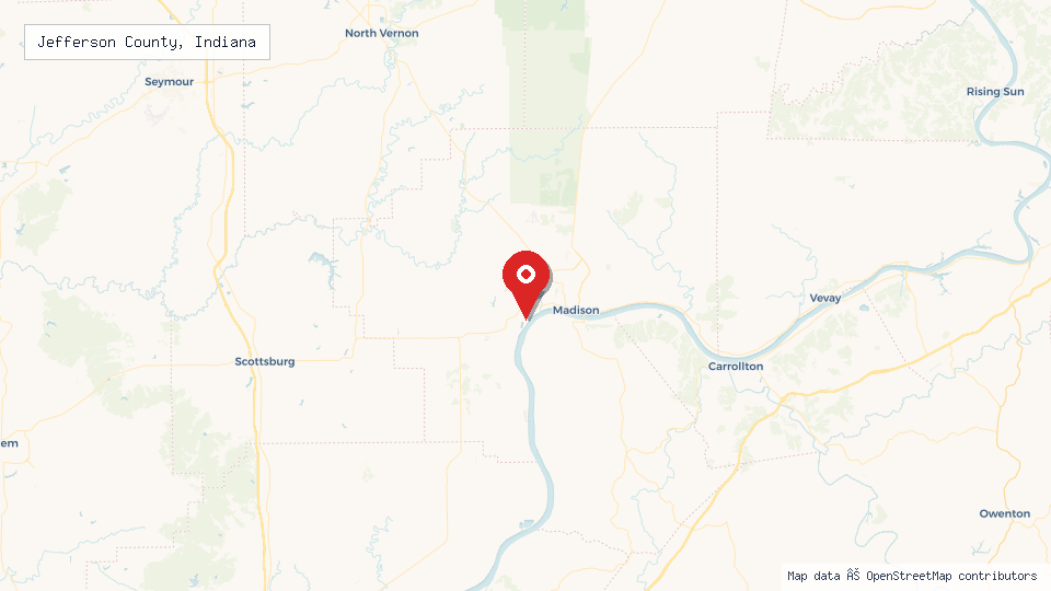 Street map of Jefferson County, Indiana with location pin