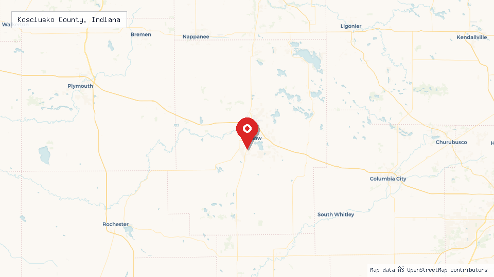 Street map of Kosciusko County, Indiana with location pin