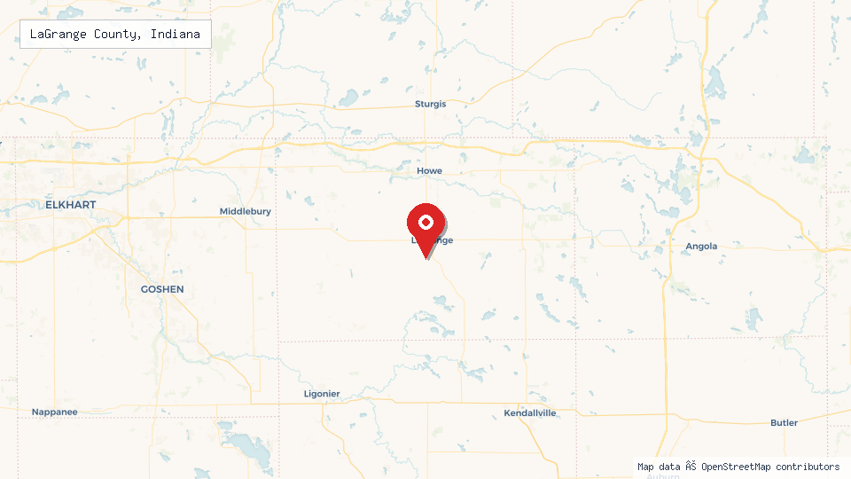 Street map of LaGrange County, Indiana with location pin