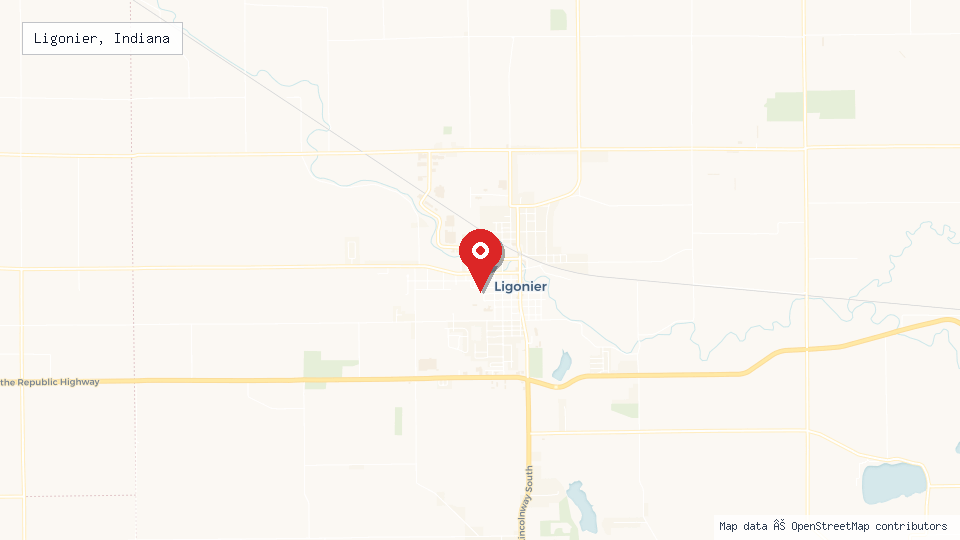 Street map of Ligonier, Indiana with location pin
