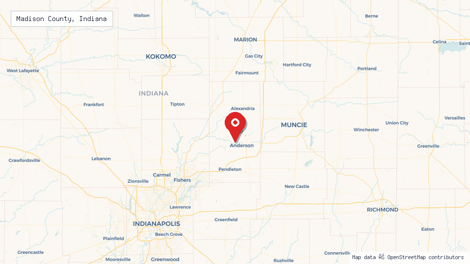 Street map of Madison County, Indiana with location pin