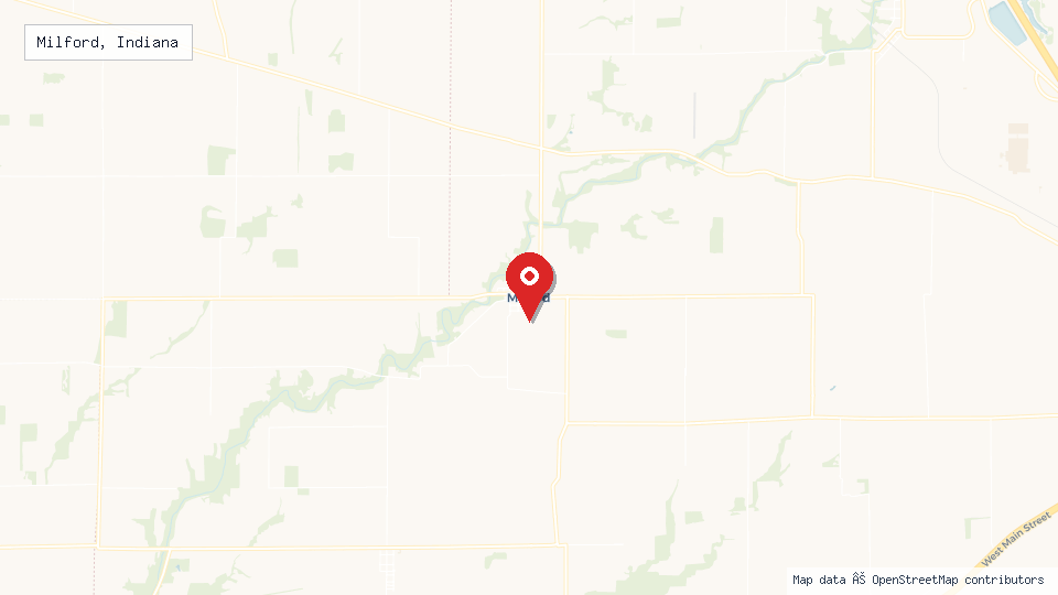Street map of Milford, Indiana with location pin