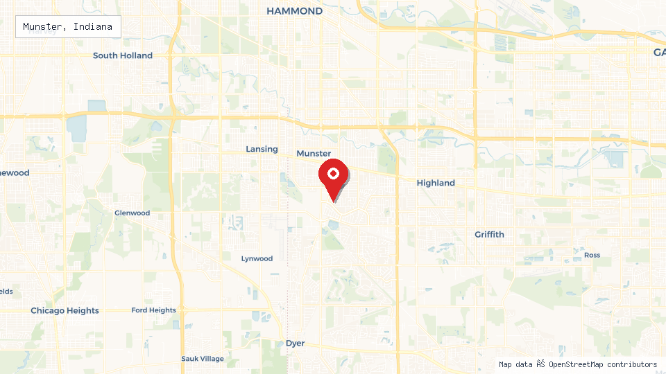 Street map of Munster, Indiana with location pin