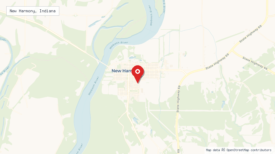 Street map of New Harmony, Indiana with location pin