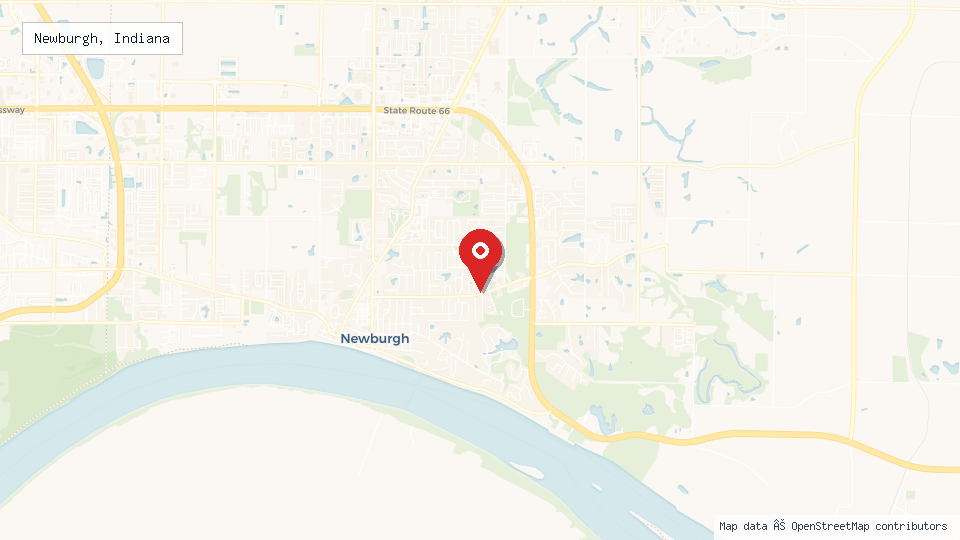 Street map of Newburgh, Indiana with location pin