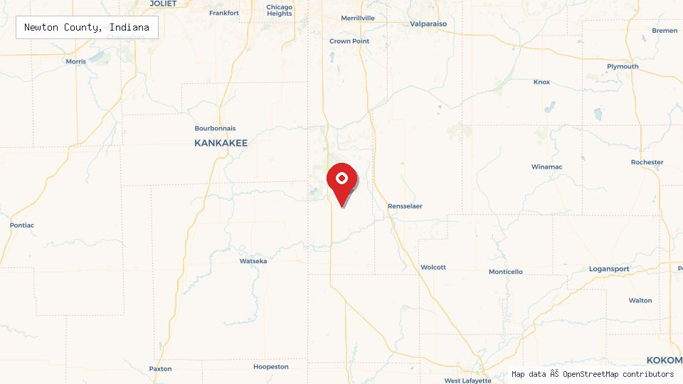 Street map of Newton County, Indiana with location pin