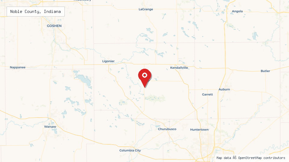 Street map of Noble County, Indiana with location pin