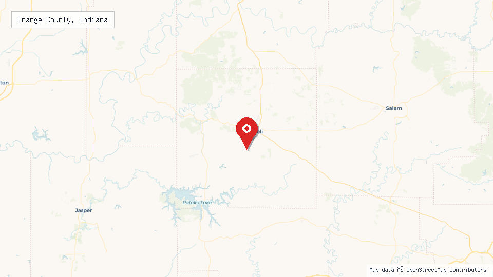Street map of Orange County, Indiana with location pin
