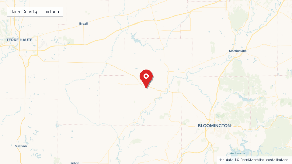 Street map of Owen County, Indiana with location pin