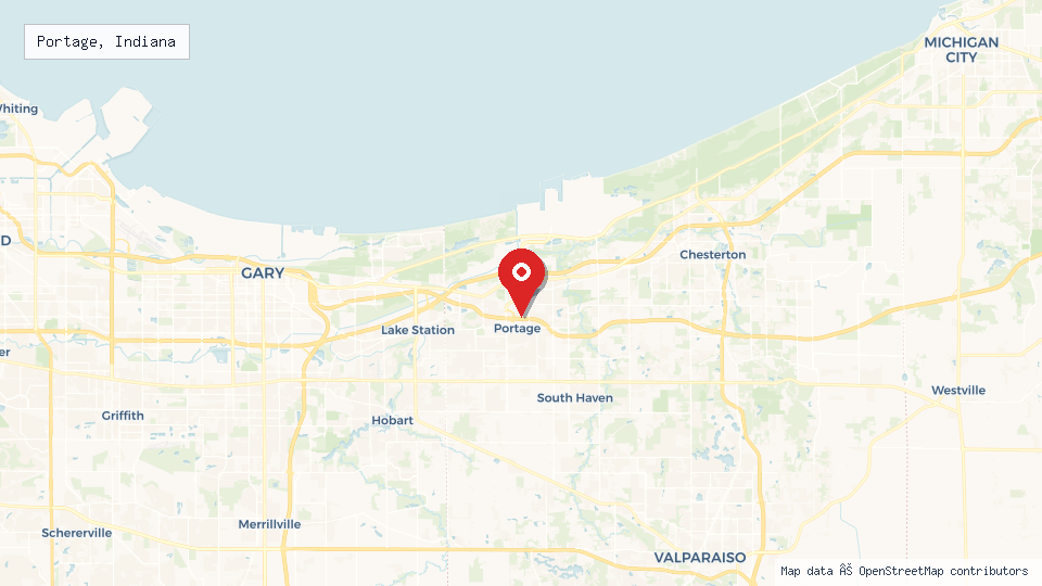 Street map of Portage, Indiana with location pin