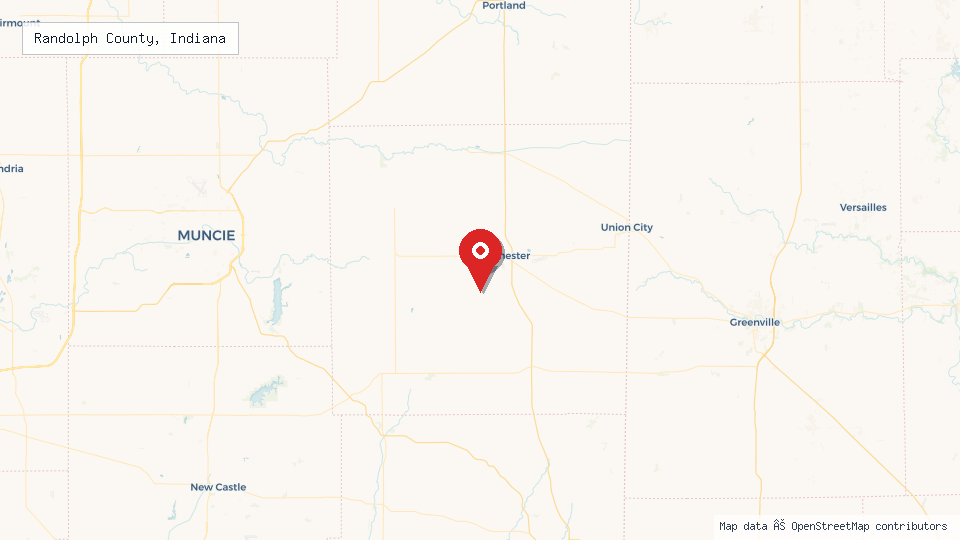 Street map of Randolph County, Indiana with location pin