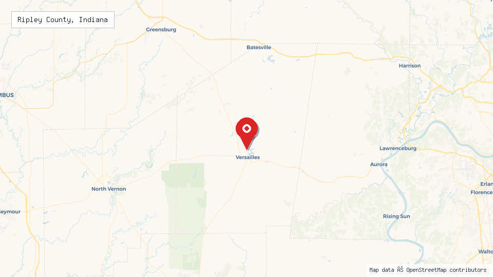 Street map of Ripley County, Indiana with location pin