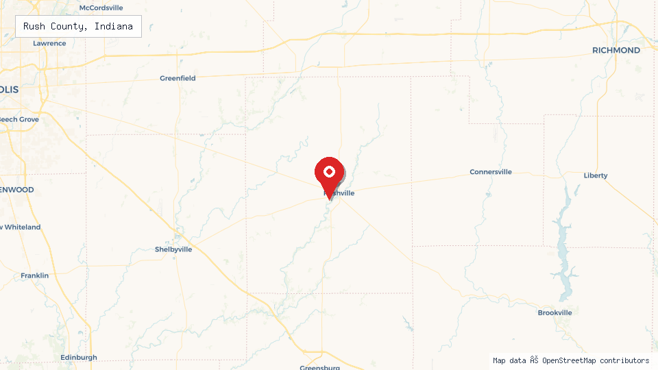 Street map of Rush County, Indiana with location pin