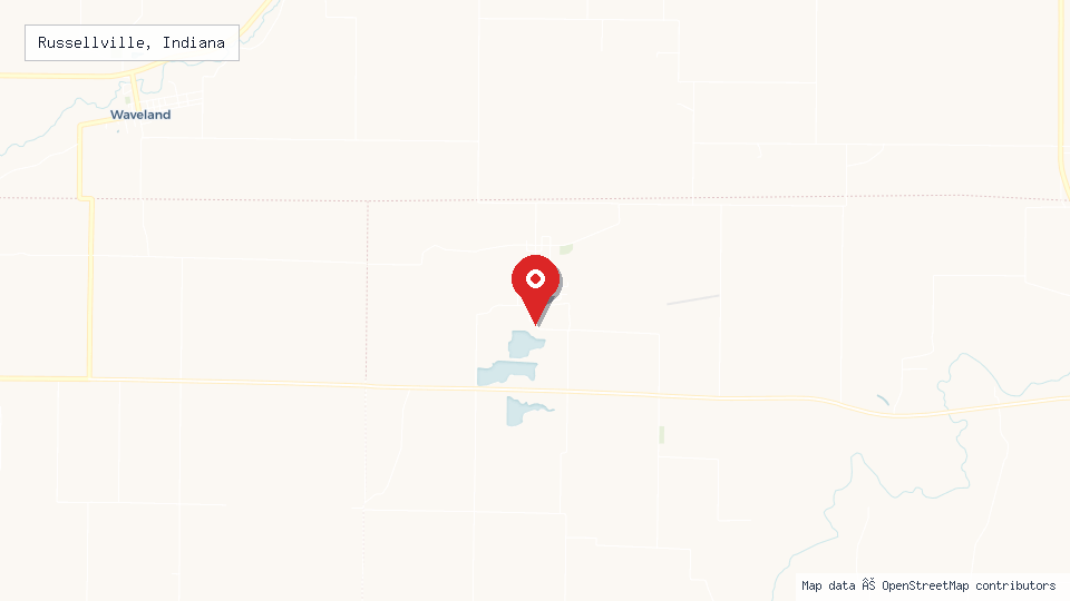 Street map of Russellville, Indiana with location pin