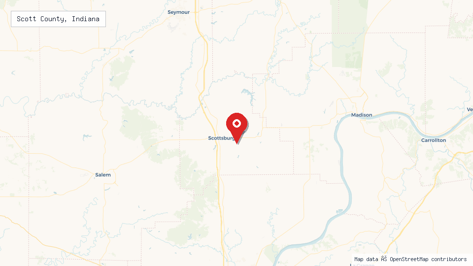 Street map of Scott County, Indiana with location pin
