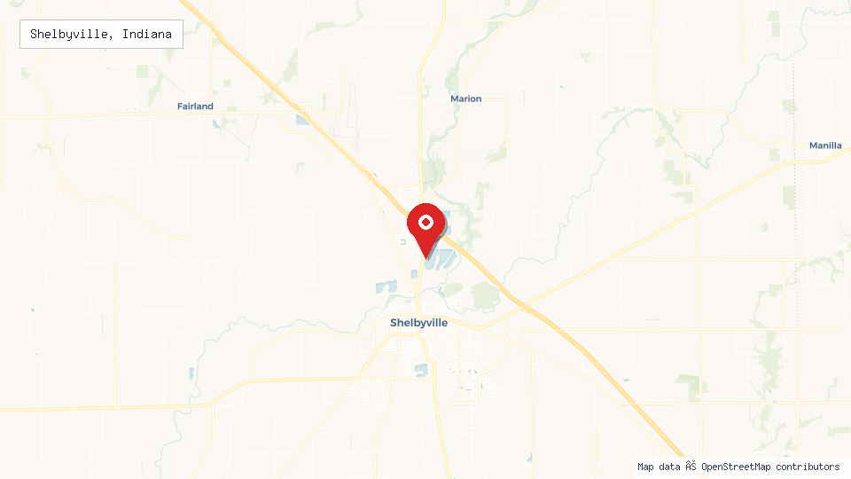 Street map of Shelbyville, Indiana with location pin