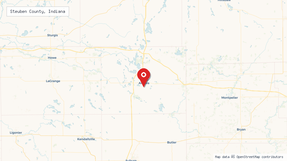 Street map of Steuben County, Indiana with location pin