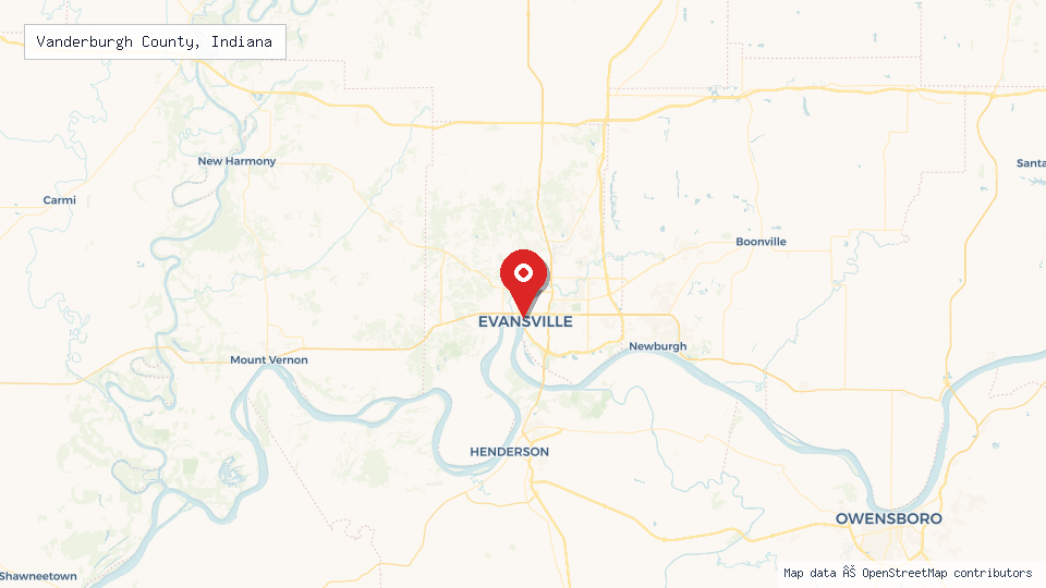 Street map of Vanderburgh County, Indiana with location pin