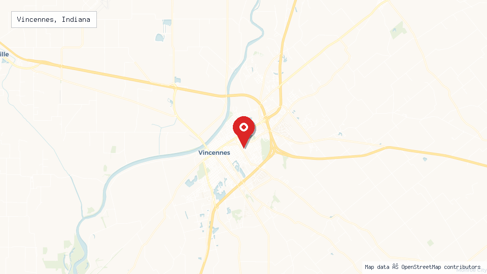 Street map of Vincennes, Indiana with location pin