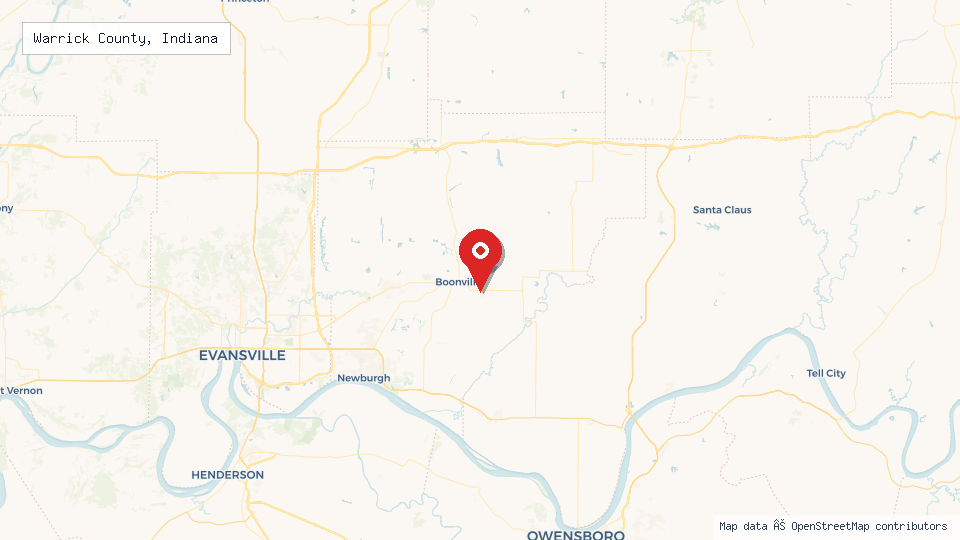Street map of Warrick County, Indiana with location pin