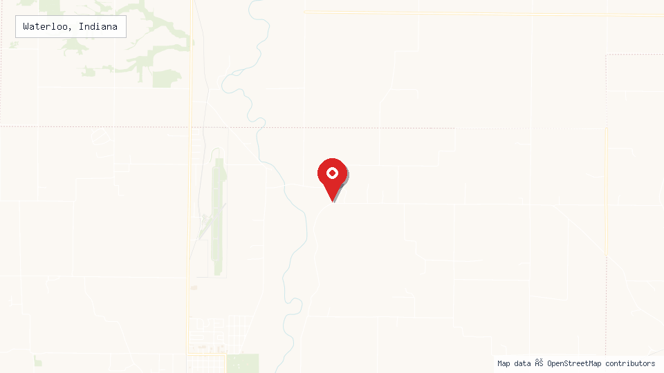 Street map of Waterloo, Indiana with location pin