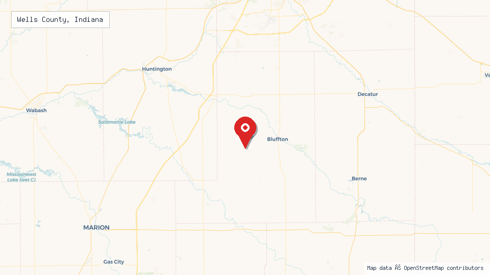 Street map of Wells County, Indiana with location pin