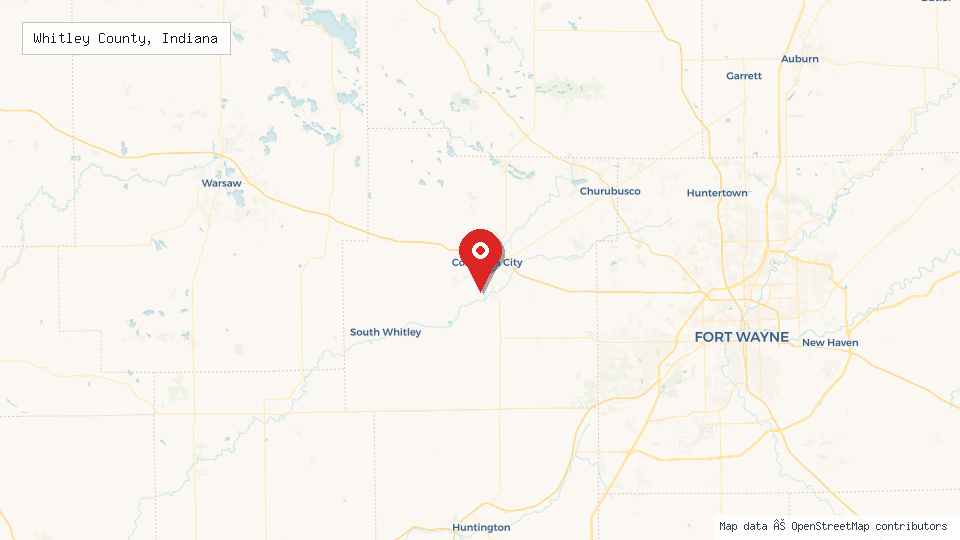 Street map of Whitley County, Indiana with location pin