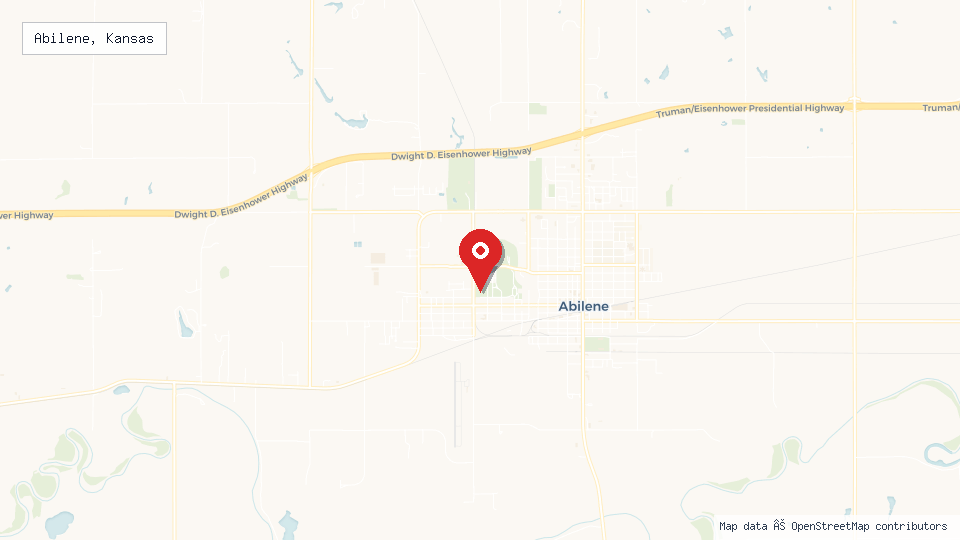 Street map of Abilene, Kansas with location pin