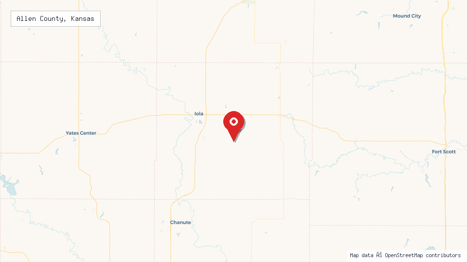 Street map of Allen County, Kansas with location pin