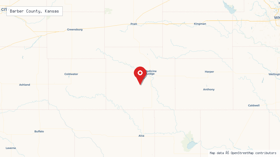 Street map of Barber County, Kansas with location pin
