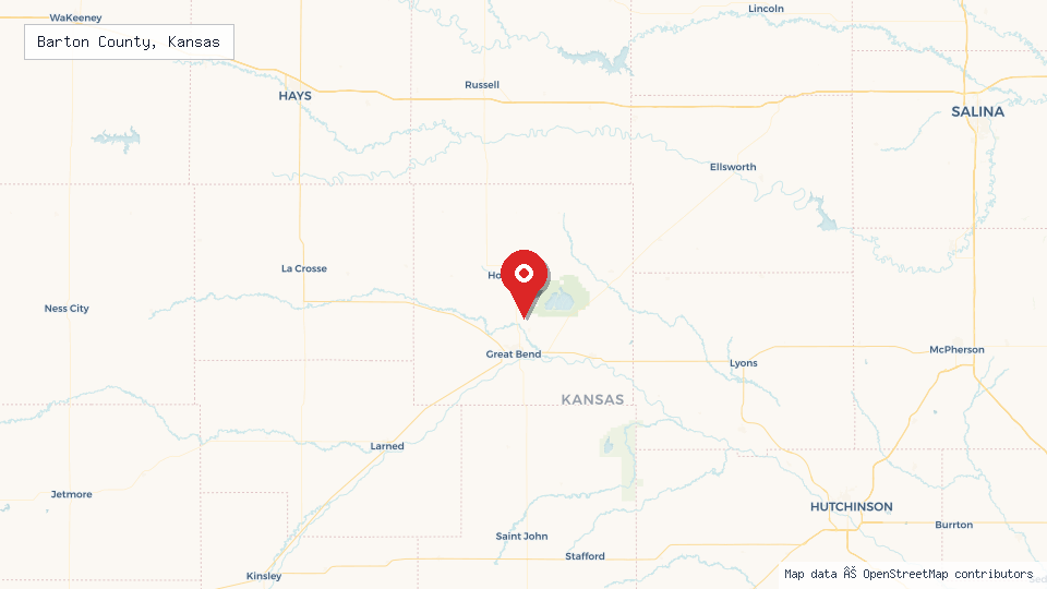 Street map of Barton County, Kansas with location pin