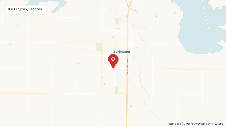 Street map of Burlington, Kansas with location pin