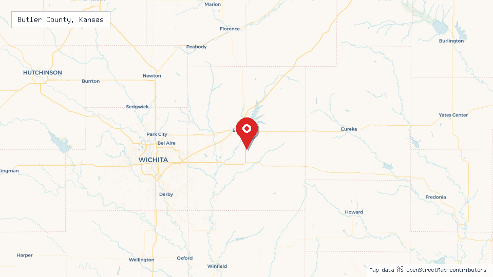 Street map of Butler County, Kansas with location pin