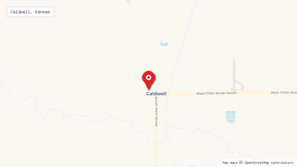 Street map of Caldwell, Kansas with location pin