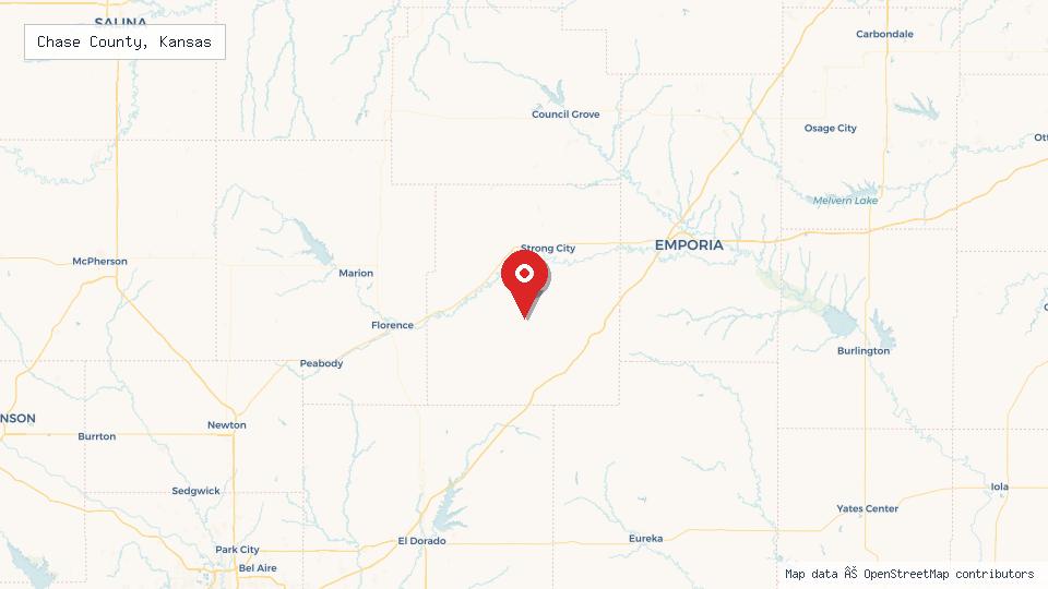 Street map of Chase County, Kansas with location pin