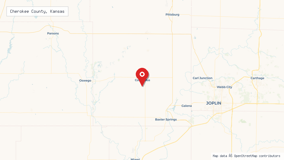 Street map of Cherokee County, Kansas with location pin