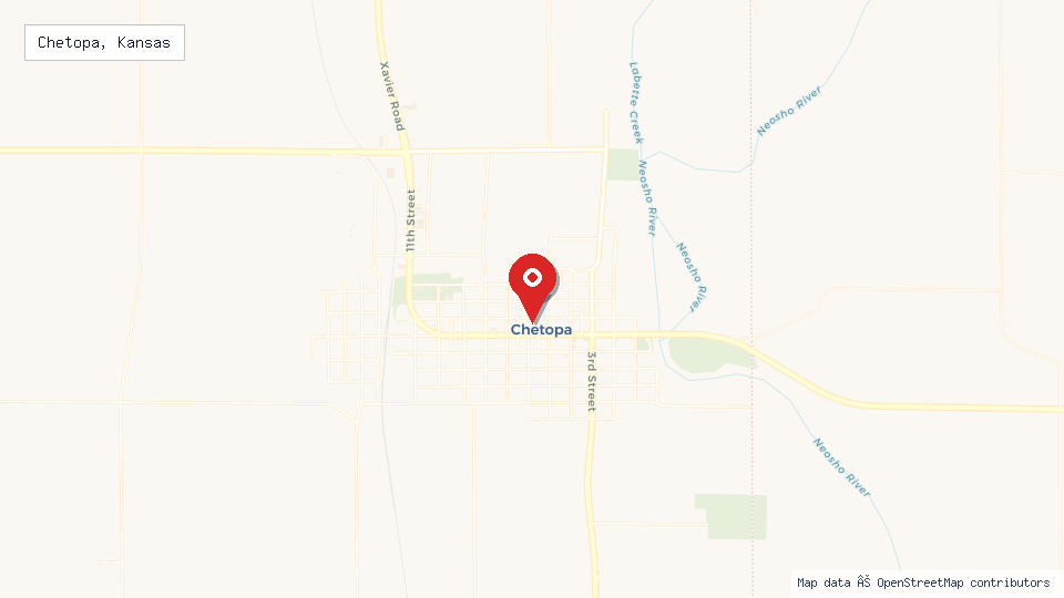 Street map of Chetopa, Kansas with location pin