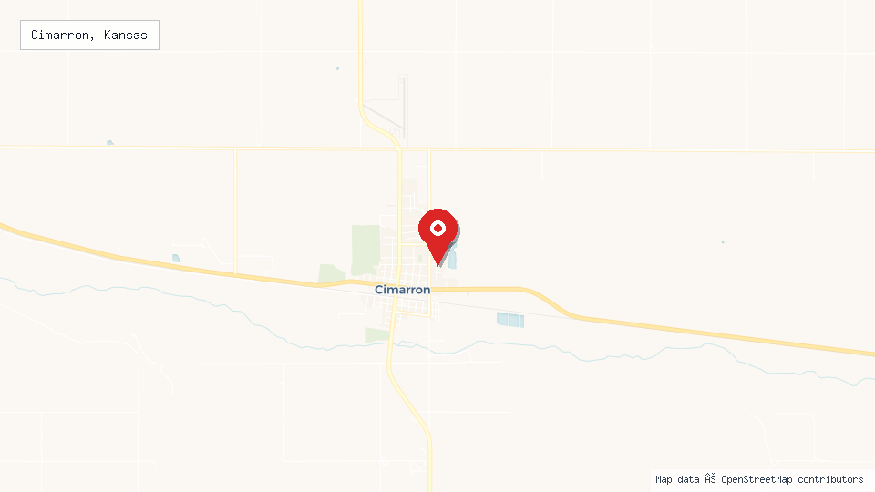 Street map of Cimarron, Kansas with location pin